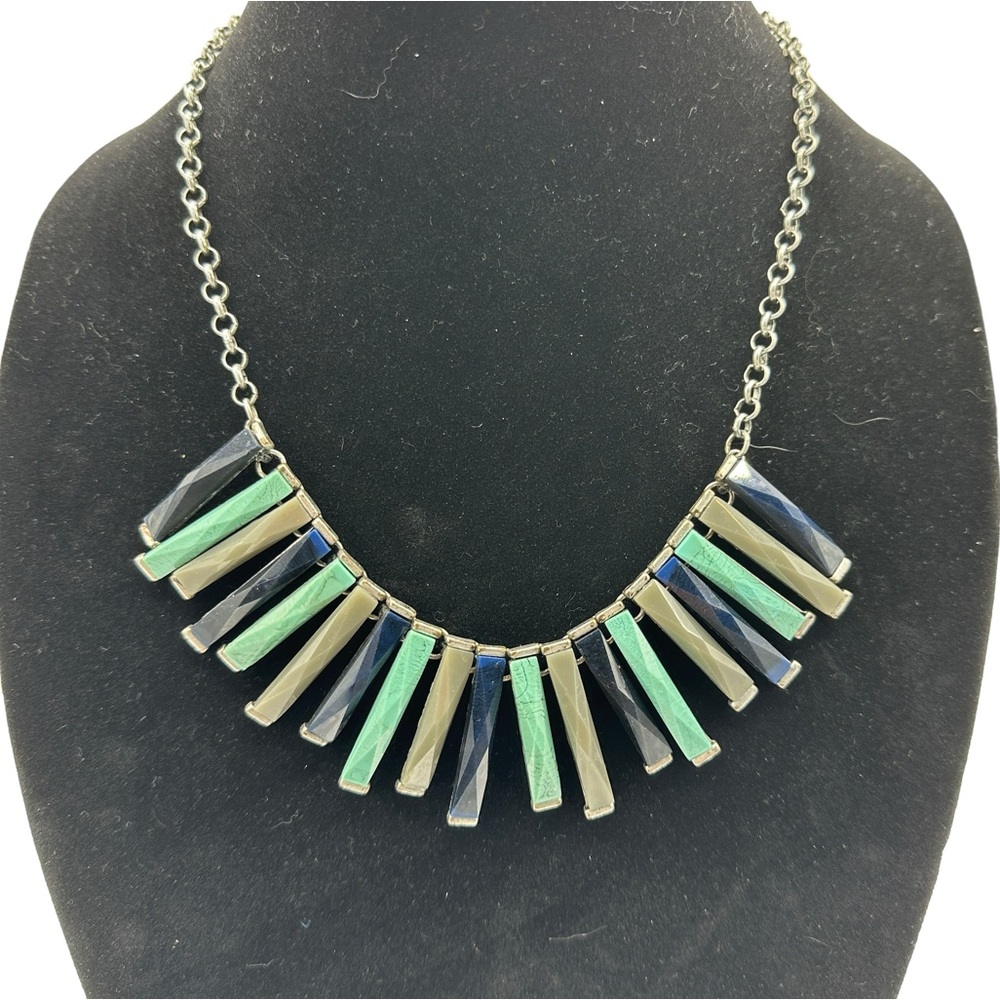 Statement necklace, blue, green, and gray with earrings in‎ navy blue